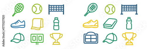 Colorful sports icons representing tennis, baseball, volleyball, and athletic gear arranged in a fun design