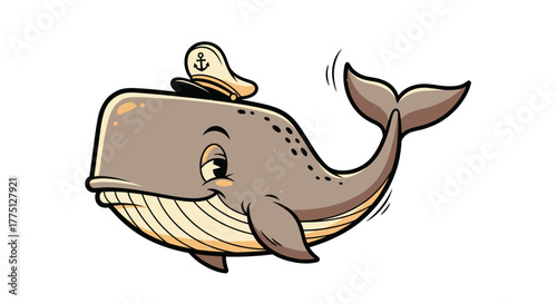 A cartoon whale wearing a captain's hat with an anchor, smiling. It is brown with stripes on belly
