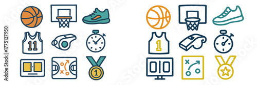Icons representing basketball elements and game components, showcasing key aspects of the sport