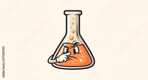 Cartoon Erlenmeyer flask with a disapproving face and hand gesture, orange liquid