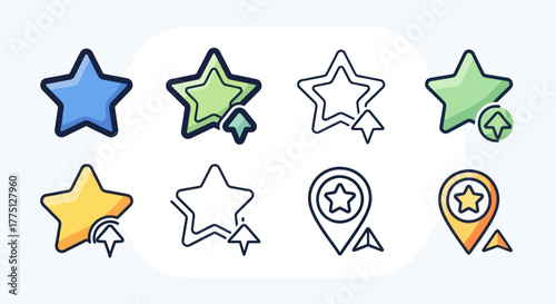 Eight star-shaped icons in different colors, styles, and functionalities, some featuring cursors or pins