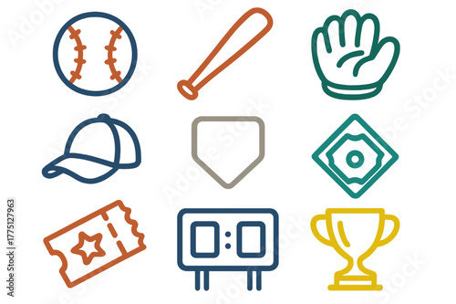Icons representing baseball equipment and elements in a simple and colorful design suitable for sports-themed graphics or decoration