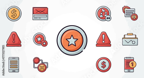 A set of colorful, illustrated icons on a light background, depicting various informational symbols