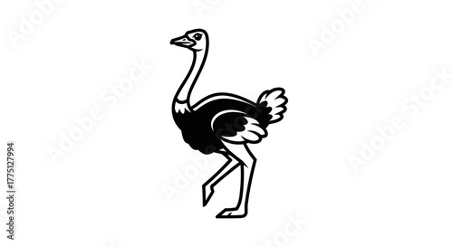 Black and white stylized illustration of an ostrich in profile, standing
