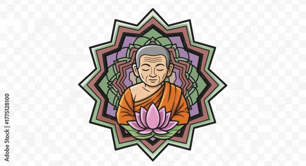 Fototapeta premium Meditating figure in orange robes, holding lotus flower within a star-shaped, layered design