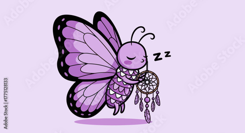 A purple cartoon butterfly sleeps, holding a dreamcatcher. "Zz" above suggests dreaming