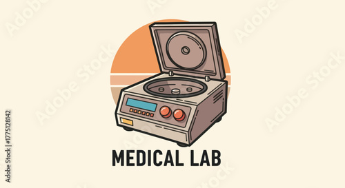 Illustration of a centrifuge with an open lid, set against an orange and tan sun. "MEDICAL LAB" below
