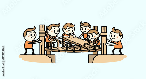 A team of cartoon figures construct a bridge over a chasm, with varying emotions