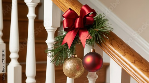 Elegant christmas garland with red bow and ornaments adorning a wooden banister and white balusters in a home