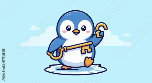 A cartoon penguin with a golden key on an ice floe under a cloudy sky, with open key