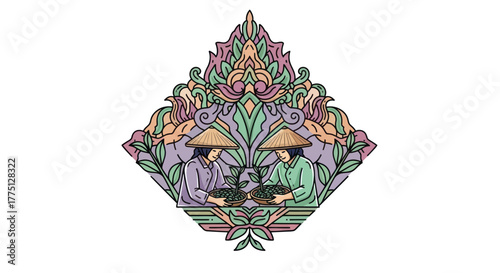 Two figures in conical hats tend plants, framed by an ornate, floral design