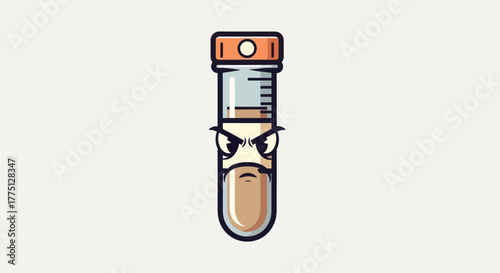 A cartoon vial with an angry face, a lab symbol