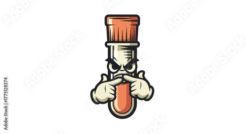 Animated cartoon test tube with angry eyes, hands over mouth, and cork top, on white