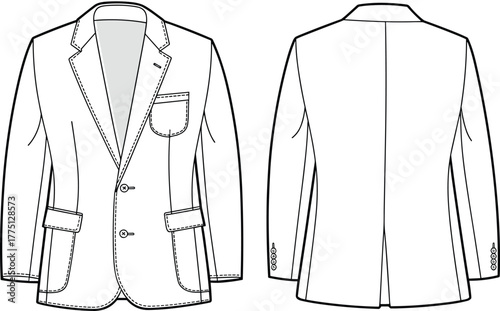 Men's blazer jacket vector, fashion technical sketch, front and back view, notched lapel, flap pockets, sleeve buttons, garment design illustration