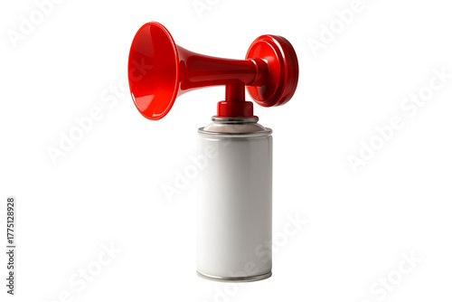 Red air horn attached to blank aerosol can isolated on white, loud safety signal for sports events, boating and emergency alert concepts