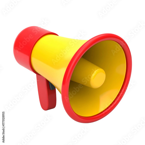 A vibrant, cartoon-style megaphone with red and yellow hues against a stark black background