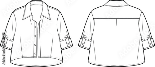 Short sleeve shirt vector, fashion flat sketch, front and back view, chest pocket, button tab sleeve, curved hem, garment illustration
