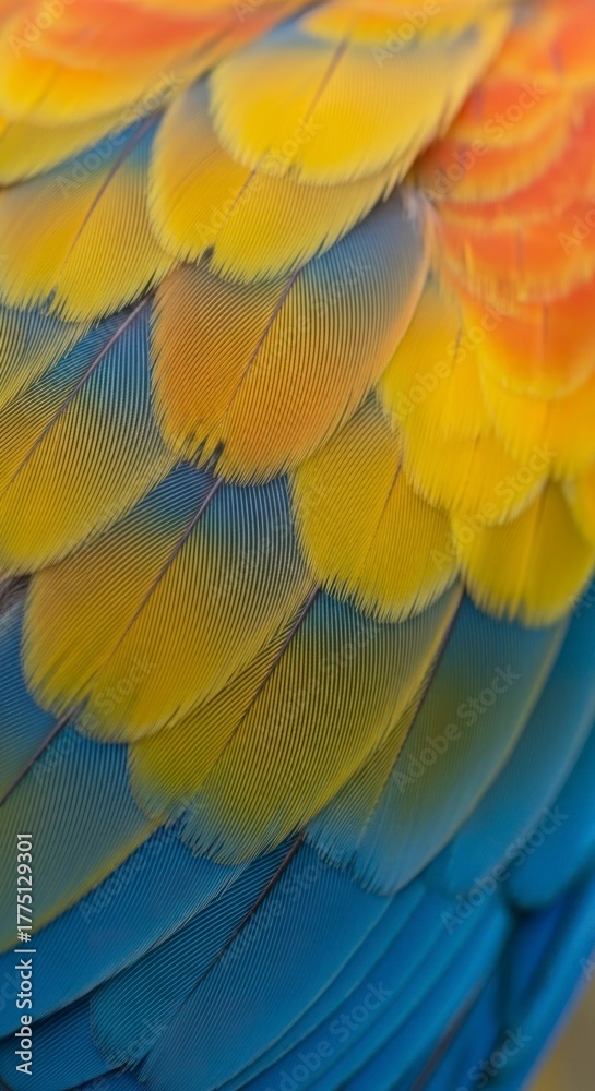 Fototapeta premium Vivid closeup featuring layers of macaw feathers showcasing a blend of bright yellow orange and blue hues with intricate patterns