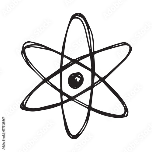 Hand drawn atom sign Molecule clipart in doodle style Single element for print, web, design, decor Symbol of science, education, nuclear energy, scientific research, molecular chemistry