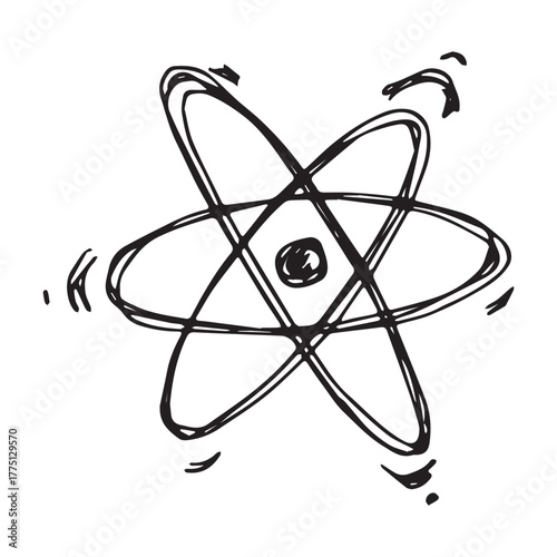 Hand drawn atom sign Molecule clipart in doodle style Single element for print, web, design, decor Symbol of science, education, nuclear energy, scientific research, molecular chemistry