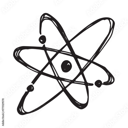 Hand drawn atom sign Molecule clipart in doodle style Single element for print, web, design, decor Symbol of science, education, nuclear energy, scientific research, molecular chemistry