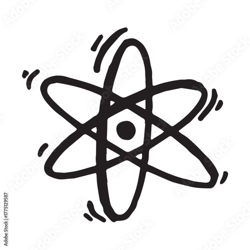 Hand drawn atom sign Molecule clipart in doodle style Single element for print, web, design, decor Symbol of science, education, nuclear energy, scientific research, molecular chemistry