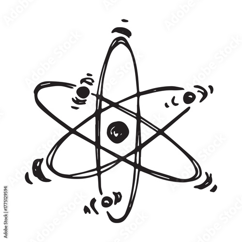 Hand drawn atom sign Molecule clipart in doodle style Single element for print, web, design, decor Symbol of science, education, nuclear energy, scientific research, molecular chemistry