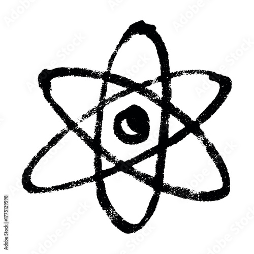 Hand drawn atom sign Molecule clipart in doodle style Single element for print, web, design, decor Symbol of science, education, nuclear energy, scientific research, molecular chemistry