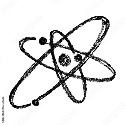 Hand drawn atom sign Molecule clipart in doodle style Single element for print, web, design, decor Symbol of science, education, nuclear energy, scientific research, molecular chemistry