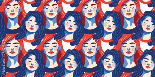 vector illustration seamless pattern with feminine faces