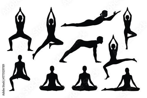 Yoga Asanas Collection: Black Silhouette of Woman in Different Yoga Positions, Healthy Lifestyle Concept