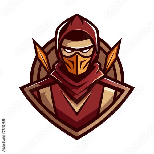 Archer Mascot Logo Vector, Maroon and Bronze Esport Team Emblem Design with Mask and Bold Linework, Transparent Background

