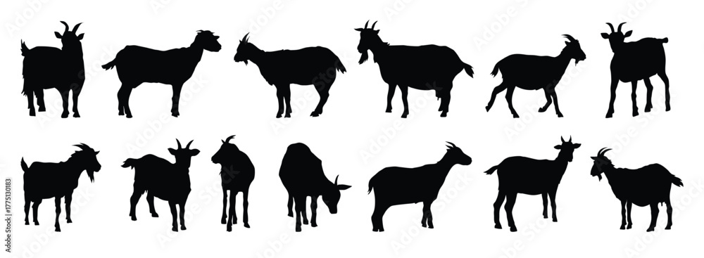 Fototapeta premium goat and goat kid silhouette set. goat and goat kid isolated farm animal silhouette icon vector collection