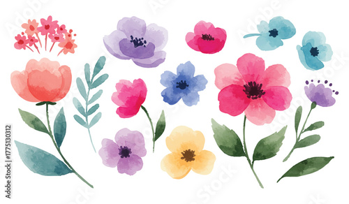 Vibrant watercolor floral collection featuring a variety of hand-drawn spring blossoms and green leaves. Isolated botanical elements set for decorative design, invitations, and posters.