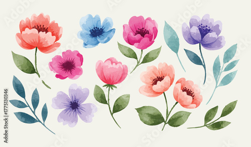 A hand-drawn botanical concept illustration set. A delicate and colorful collection of spring wildflowers and foliage painted in a soft watercolor style.