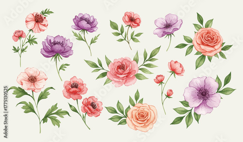 Watercolor floral arrangements Delicate roses, peonies, and blossoms in vibrant hues, perfect for design.