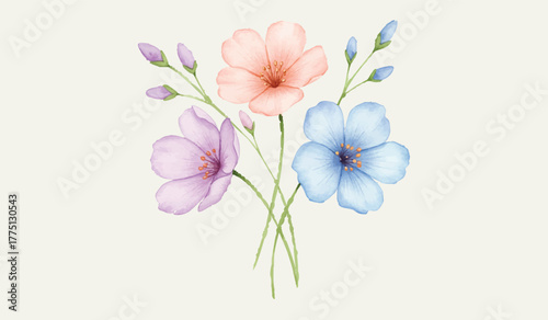 Delicate watercolor floral illustration with soft pastel-hued blossoms and buds, symbolizing spring's gentle beauty and new beginnings, perfect for decorative designs