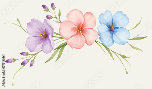 A delicate watercolor floral arrangement with soft pastel flowers. This beautiful hand-painted botanical illustration features purple, pink, and blue blossoms for elegant design.