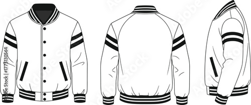 Varsity jacket vector, front back side view, black white stripe, button closure, fashion mockup, apparel design, editable template, stylish