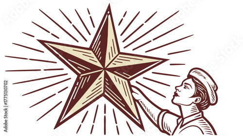 Retro Style Woman Reaching for Star Symbol of Ambition,  Vector illustration depicting a woman with a determined expression, reaching up towards a large, radiating star, symbolizing ambition