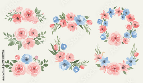 Delicate Watercolor Collection of Pink and Blue Spring Flowers, Including Forget-Me-Nots and Calla Lilies, Perfect for Floral Artistry and Botanical Illustrations