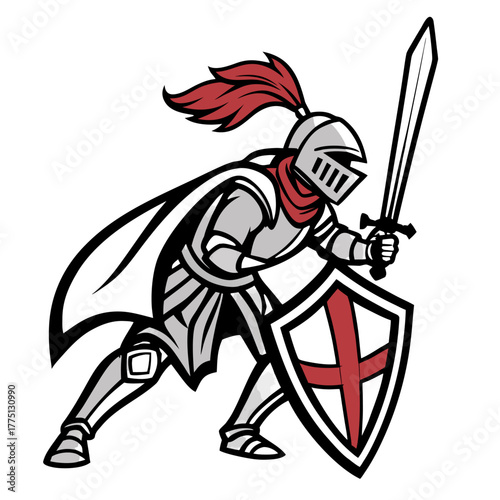 Templar Knight Mascot Logo Vector, Flat Esport Emblem Design with Light Grey Armor and Red Crest Accents and Black Outlines, Transparent Background

