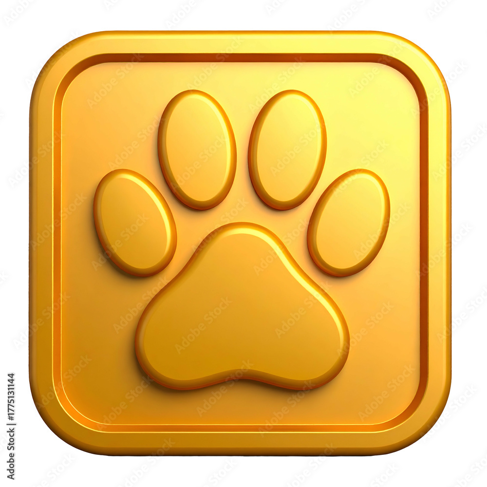 Obraz premium Gold square icon depicts a raised paw print with rounded corners, set against black