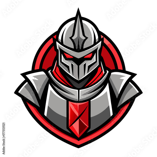 Templar Knight Mascot Logo Vector, Flat Esport Emblem Design with Light Grey Armor and Red Crest Accents and Black Outlines, Transparent Background

