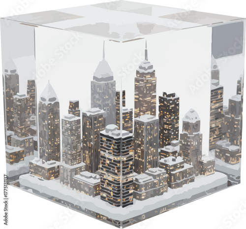Winter cityscape under glass cube, urban design art