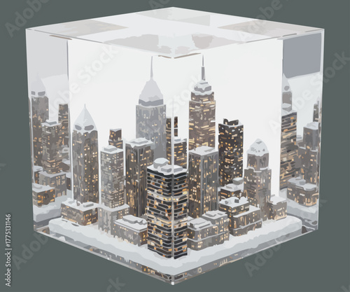 Winter cityscape under glass cube, on ash BG