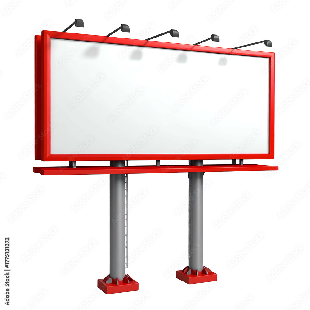 Obraz premium Large red and white advertising structure with lights, blank space, and two supporting pillars