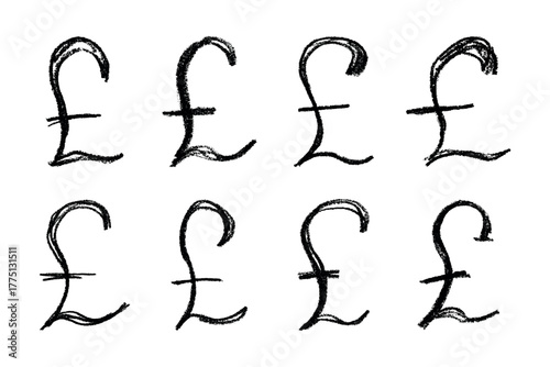 Set of hand drawn british pound currency symbol. Brush stroke doodle. Single element for design