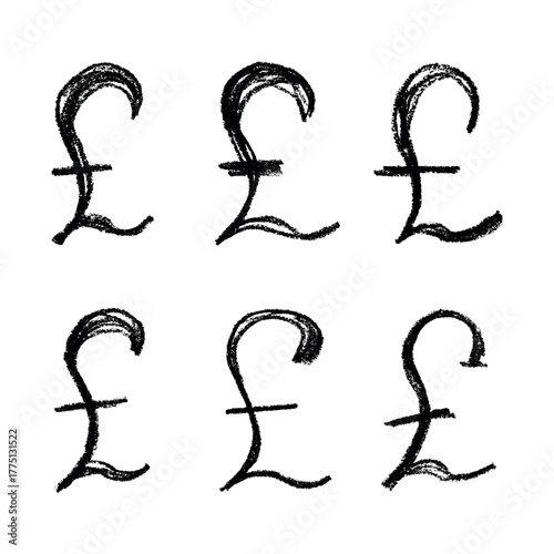 Set of hand drawn british pound currency symbol. Brush stroke doodle. Single element for design