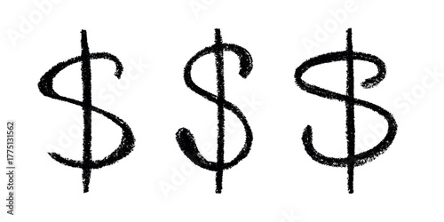Set of hand drawn dollar currency symbol. Brush stroke doodle. Single element for design